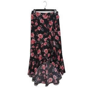 xhilaration black floral maxi skirt with high low ruffle hem / size medium